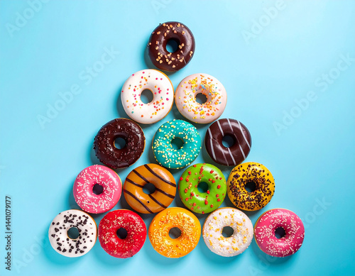 Christmas tree created from many colorful donuts.