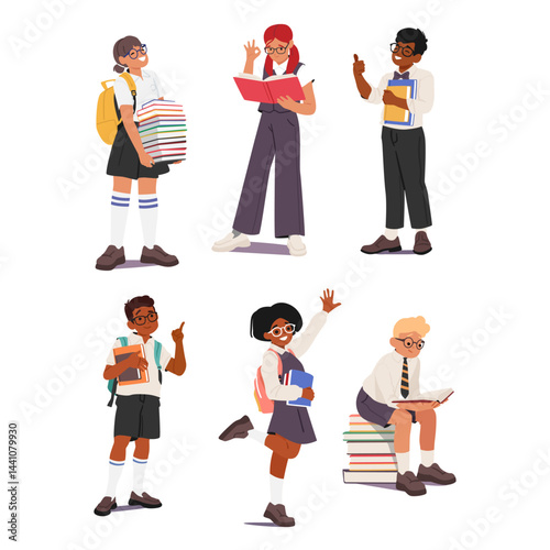 Cute curious nerd schoolchildren cartoon characters with books showcasing inspiration isolated set