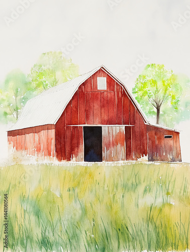 Watercolor of a red barn with blue skies and a green field