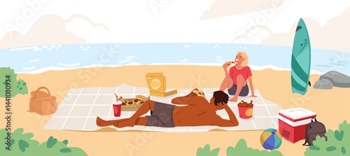 Multicultural man and woman couple cartoon characters enjoying picnic at seashore touristic scene