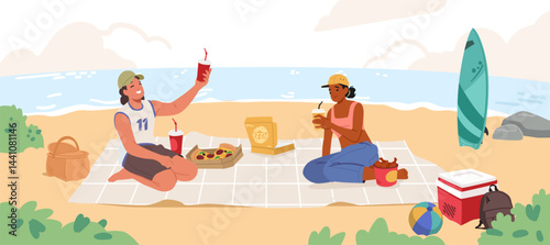 Happy man and woman friends cartoon characters enjoying picnic with meal and drinks rest at seashore