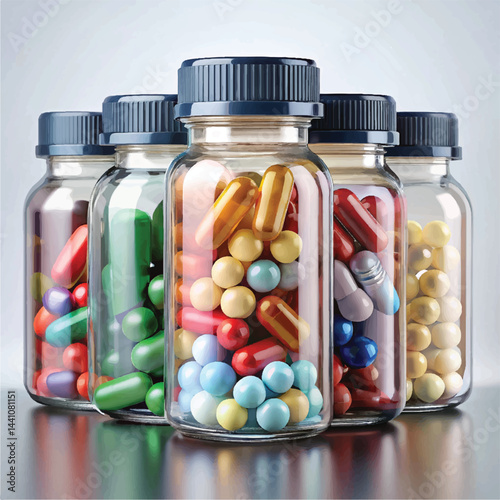 suppliments,3d suppliments bottle,realistic suppliments, transparent suppliment bootlles, tablets, multiple bottles,medicine,without label,glass jar multi color,capsules, omega 3 capsules, vitamins,  