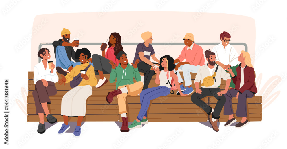 Fototapeta premium Happy young people relaxing outdoors sitting on wooden park bench isolated on white background