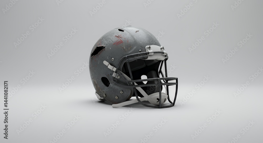 Fototapeta premium Disconnected Tattered Football Helmet Straps Undone in Clinical White Space Representing Past Action Damage and Wear