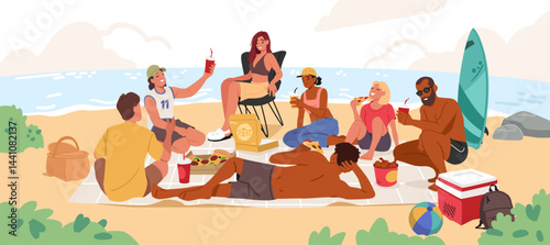Happy friends at picnic on seashore eating food and dinking soda on summer vacation cartoon scene