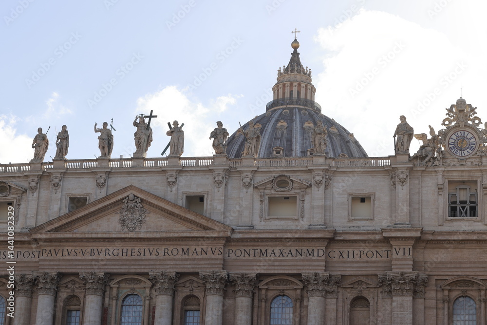 Naklejka premium Majestic marble monument near St. Peter’s Basilica, Vatican City. A masterpiece of historical Sacred atmosphere, early preparations for a major religious event like a conclave