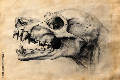 Vintage Charcoal Sketch Dire Wolf Skull Anatomy Aged Paper Monochrome Study