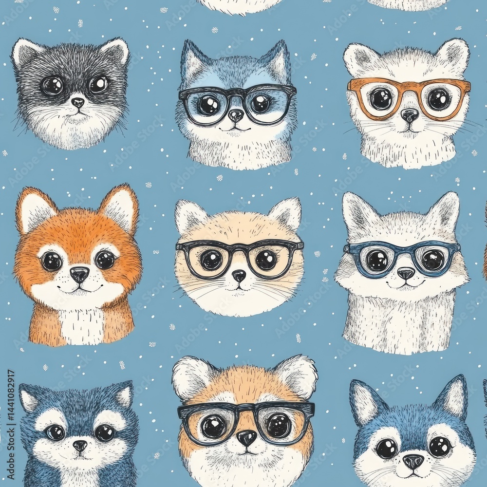 Fototapeta premium Cute animals wearing glasses, seamless pattern, blue background, fabric design