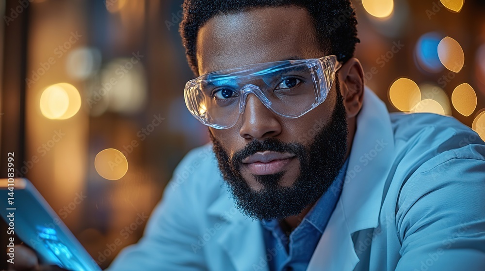 Focused scientist in lab coat and safety glasses Focused scientist in lab coat and safety glasses
