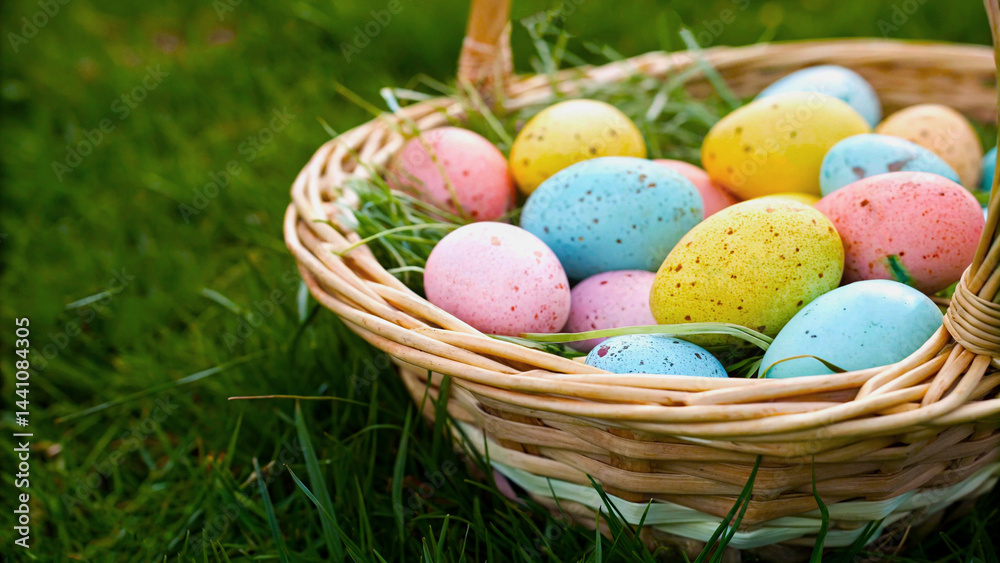 Fototapeta premium A wicker basket filled with pastel easter eggs sitting in the grass under flowering tree branches