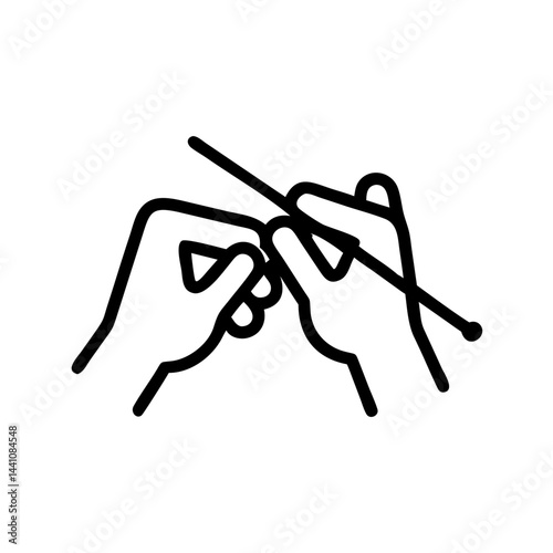 Knitting hobby icon with hands holding needles, simple design, black and white