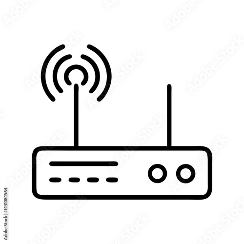 Router icon with antennas, simple design, black and white, for networking