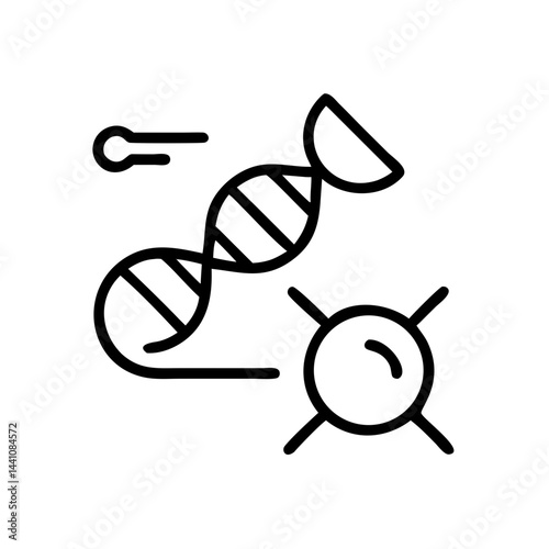 Scientific discovery icon with DNA and cells, simple design, black and white
