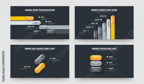 Company Analysis Four Five Two Three Step Infographic Frame Layout Vector Illustration Collection. Financial Briefing 4 5 2 3 Element Diagram Slide Design Set.