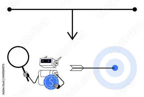 Robot uses magnifier and coin to analyze information while aiming at a target with an arrow. Ideal for technology, finance, accuracy, automation, goal setting, analysis, strategy. Flat simple