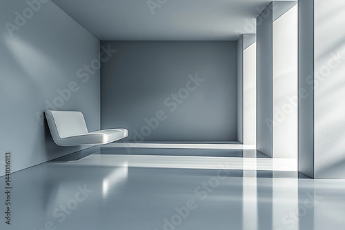 Minimalist empty room with clean lines, gray walls, and a single modern white chair.