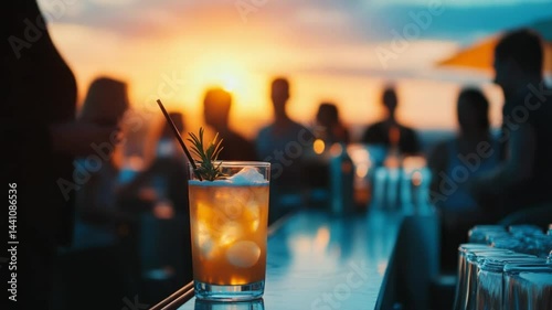 Refreshing cocktail at sunset bar, summer drink with blurred people background and beautiful colors