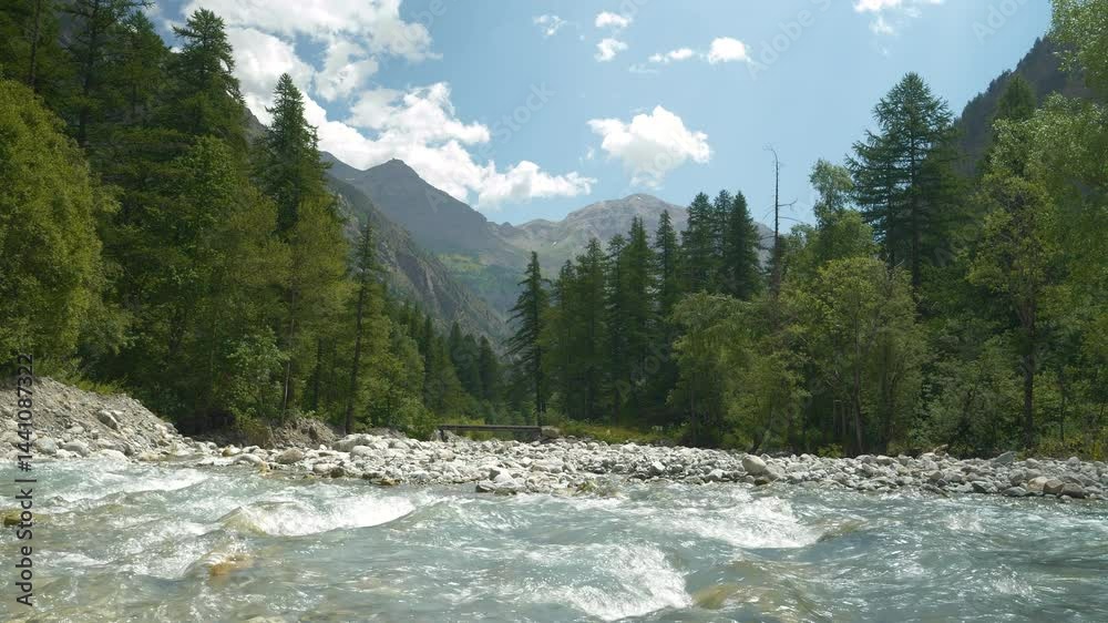 Babbling mountain stream winds through a lush forest, and majestic Alpine peaks are visible under a partly cloudy summer sky. Raw beauty of untouched nature and wild environment in the French Alps. Babbling mountain stream winds through a lush forest, and majestic Alpine peaks are visible under a partly cloudy summer sky. Raw beauty of untouched nature and wild environment in the French Alps.
