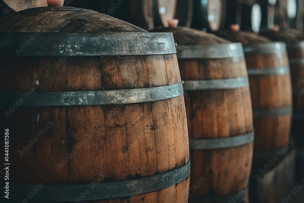 Fototapeta premium Rustic Chilean Winery Interior with Stacked Wooden Wine Barrels in Moody Light