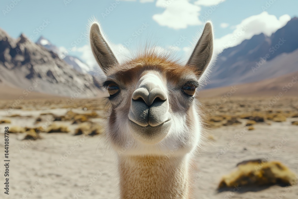 Obraz premium Close-Up of Curious Guanaco in Sunlit Desert Landscape