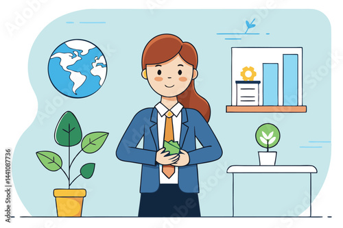 Vector illustration of a woman botanist holding a potted plant in a lab with charts and greenery, showcasing research in plant growth and environmental care