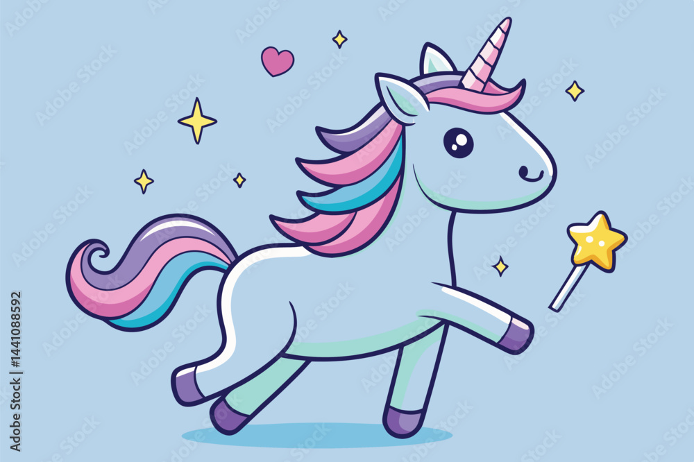 Fototapeta premium Cute vector illustration of a unicorn with a colorful mane and a magic wand set against a light blue background, perfect for children's parties and playful designs