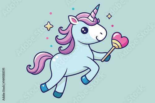 Cute vector illustration of a unicorn with a colorful mane and a magic wand set against a light blue background, perfect for children's parties and playful designs