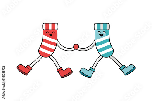 Happy cartoon characters holding hands in playful friendship, showcasing colorful striped outfits and cheerful expressions in a light-hearted design