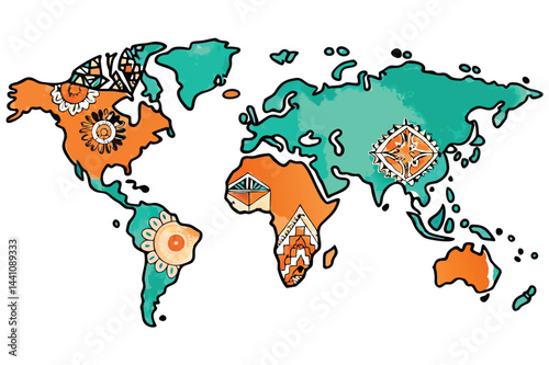 Colorful vector illustration of a world map showcasing diverse textures and patterns in various regions, emphasizing a blend of artistic styles and geographical features