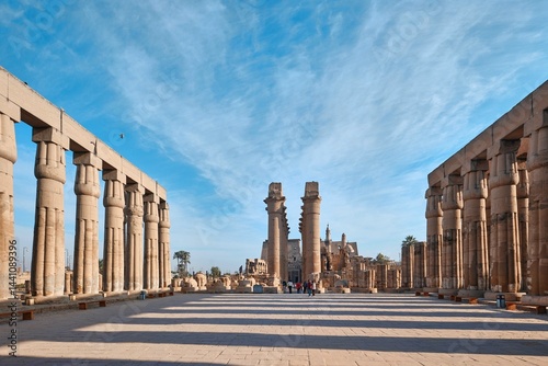 Luxor, Egypt - December 26 2023: Columns of the Luxor Temple, a large Ancient Egyptian temple, East Bank of the Nile