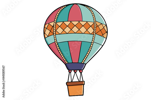 Colorful vector illustration of a hot air balloon featuring patchwork design flying against a clear sky during daytime adventure