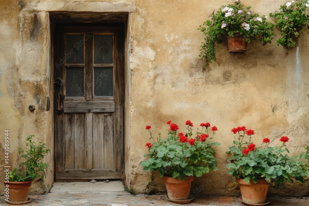 Tranquil Adobe Courtyard with Potted Geraniums and Weathered Wooden Door Tranquil Adobe Courtyard with Potted Geraniums and Weathered Wooden Door