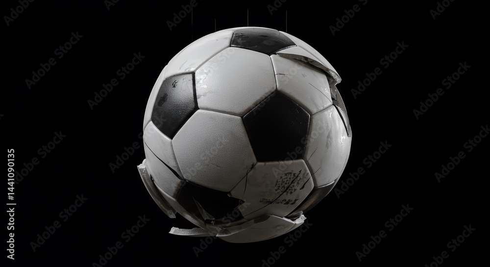 Naklejka premium Fragmented Soccer Ball Isolated on Black Displaying Damaged Pieces and Raw Emotion of Defeat Representing End of Worldcup Dream Isolated for Decoration