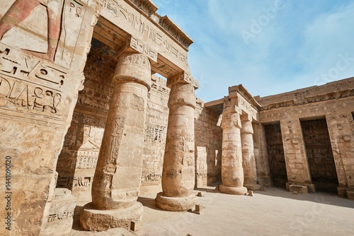 Luxor, Egypt - December 26 2023: Mortuary Temple of Ramesses III in Medinat Habu Complex