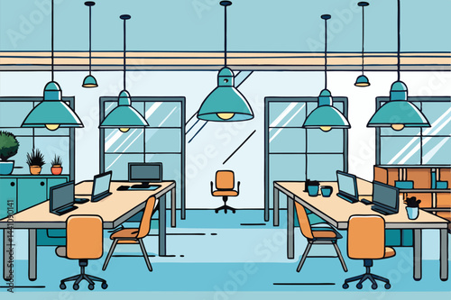 Modern workspace illustration featuring a collaborative office design with desks, chairs, and decorative plants in a well-lit environment
