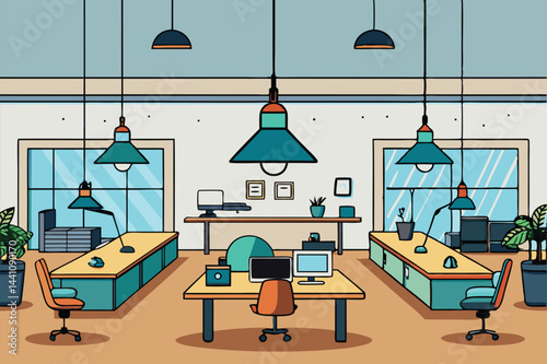 Modern workspace illustration featuring a collaborative office design with desks, chairs, and decorative plants in a well-lit environment