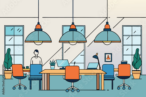 Modern workspace illustration featuring a collaborative office design with desks, chairs, and decorative plants in a well-lit environment