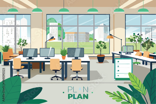 Modern workspace with large windows, green plants, and computer stations for collaborative planning and innovation