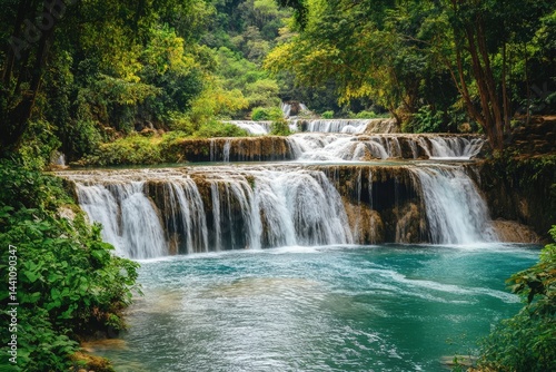 Hidden Jungle Waterfall Cascading into Clear Blue Pool Surrounded by Greenery