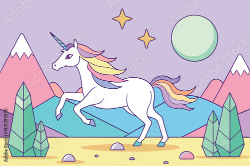 Whimsical unicorn trotting through a colorful landscape with mountains, crystals, and a vibrant sky at sunset