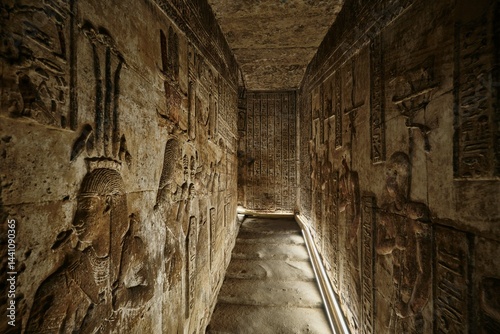 Qena, Egypt - December 27 2023: Interior of the Temple of Hathor in Dendera Temple complex, one of the best-preserved temple