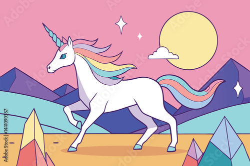 Whimsical unicorn trotting through a colorful landscape with mountains, crystals, and a vibrant sky at sunset