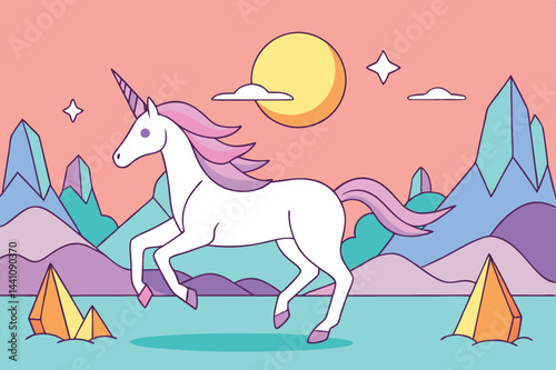Whimsical unicorn trotting through a colorful landscape with mountains, crystals, and a vibrant sky at sunset