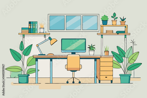Modern home office interior with plants and desk setup featuring computer equipment, lamps, and decorative items for a productive workspace
