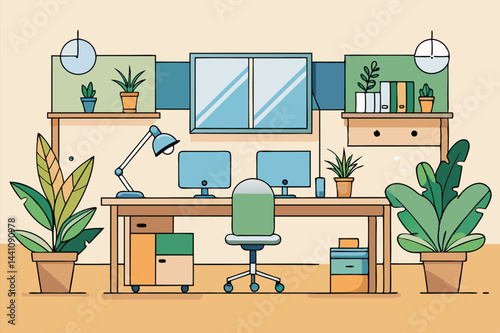 Modern home office interior with plants and desk setup featuring computer equipment, lamps, and decorative items for a productive workspace