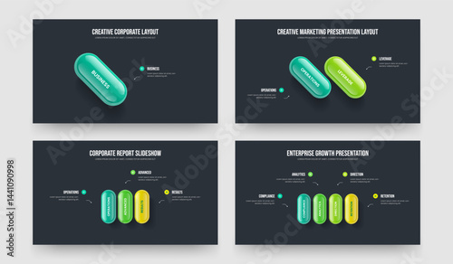 Creative Forecast One Two Three Four Option Diagram Frame Template Vector Illustration Set. Marketing Growth 1 2 3 4 Step Infographic Slideshow Layout Collection.