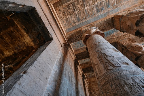 Qena, Egypt - December 27 2023: Columns of the Hypostyle Hall in Temple of Hathor in Dendera Temple complex, one of the best-preserved temple