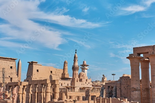 Luxor, Egypt - December 26 2023: View at architectural detail including the mosque of Abu Haggag at the ancient Luxor Temple