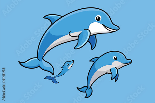 Illustration of playful dolphins swimming in a vibrant blue ocean surrounded by bubbles, depicting a joyful underwater scene
