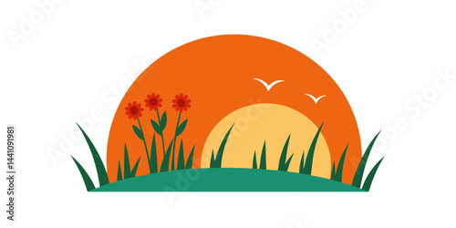 Sunset grass and flowers vector illustration